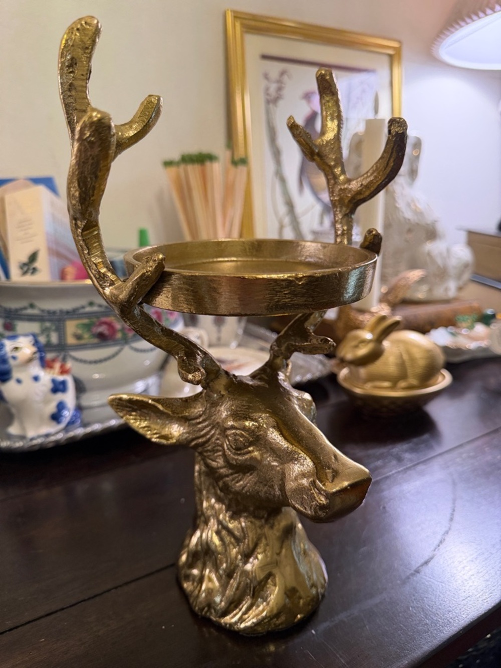 Brass Painted Heavy Deer Head Trinket Dish 12” tall